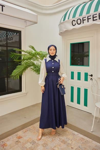Shirt Collar Striped Waist Dress - Navy Blue