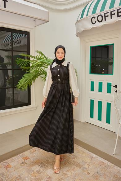 Shirt Collar Striped Waist Dress - Black