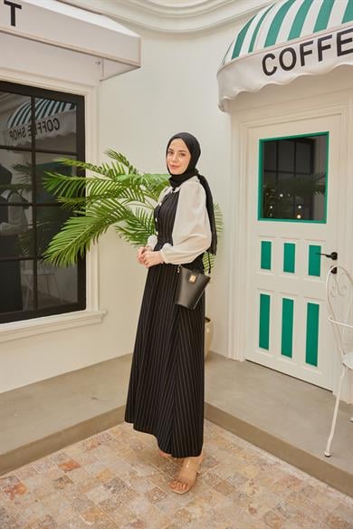 Shirt Collar Striped Waist Dress - Black