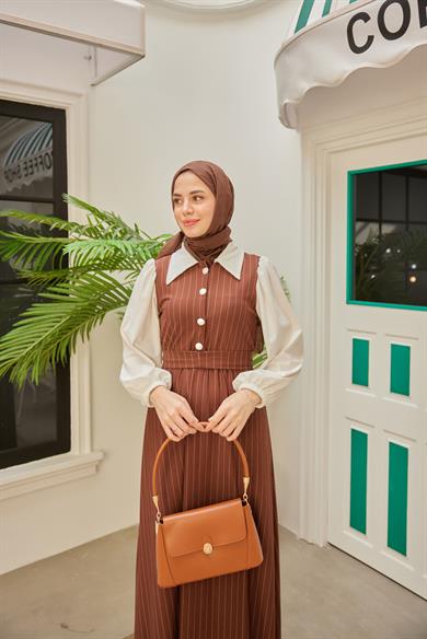 Shirt Collar Striped Waist Dress - Brown