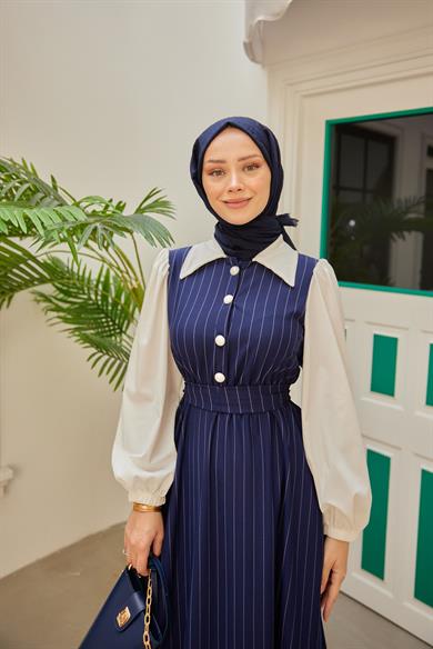 Shirt Collar Striped Waist Dress - Navy Blue