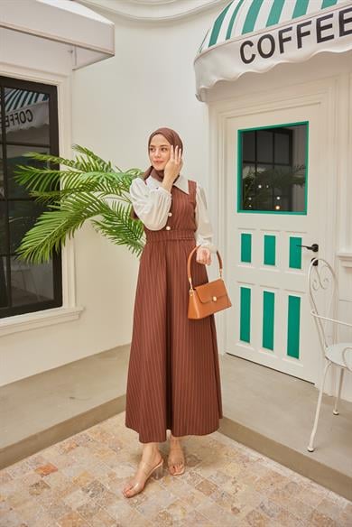 Shirt Collar Striped Waist Dress - Brown