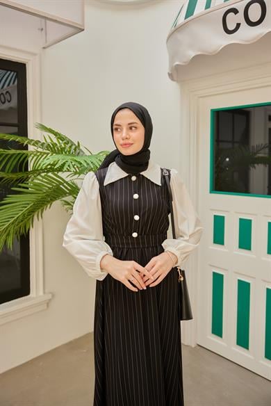 Shirt Collar Striped Waist Dress - Black