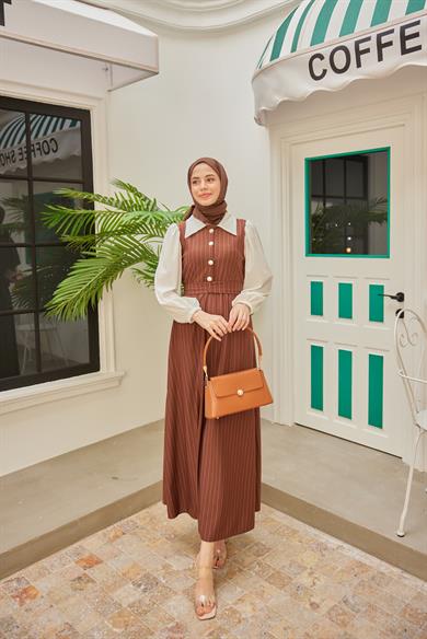 Shirt Collar Striped Waist Dress - Brown