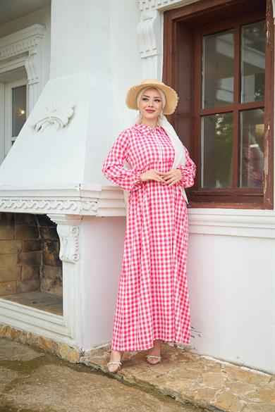 Shirt Collar Gingham Dress - Red