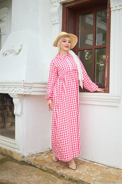 Shirt Collar Gingham Dress - Red