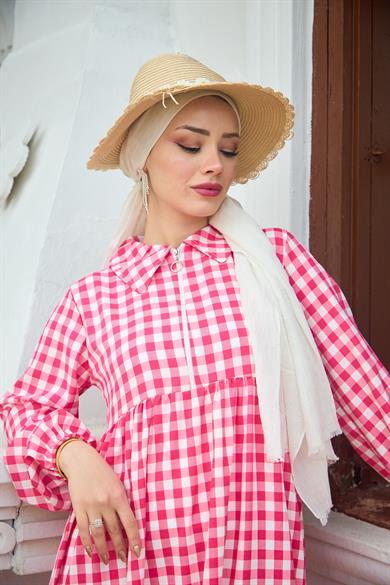 Shirt Collar Gingham Dress - Red