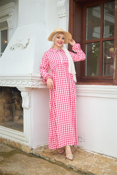 Shirt Collar Gingham Dress - Red