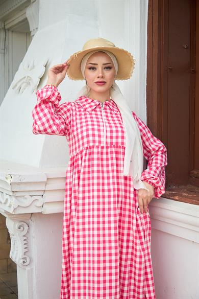 Shirt Collar Gingham Dress - Red