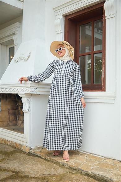 Shirt Collar Gingham Dress - Black