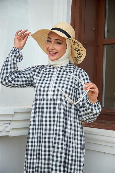 Shirt Collar Gingham Dress - Black