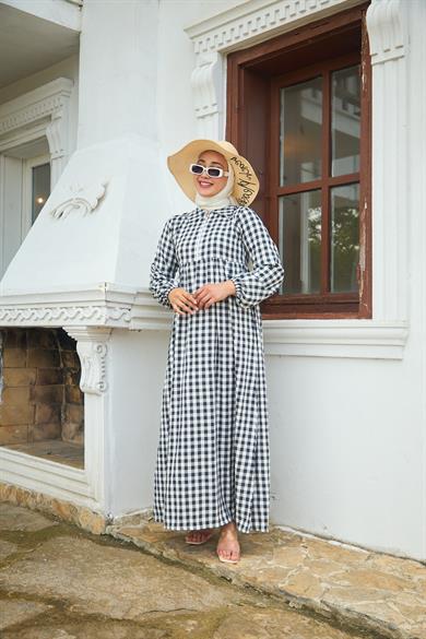 Shirt Collar Gingham Dress - Black