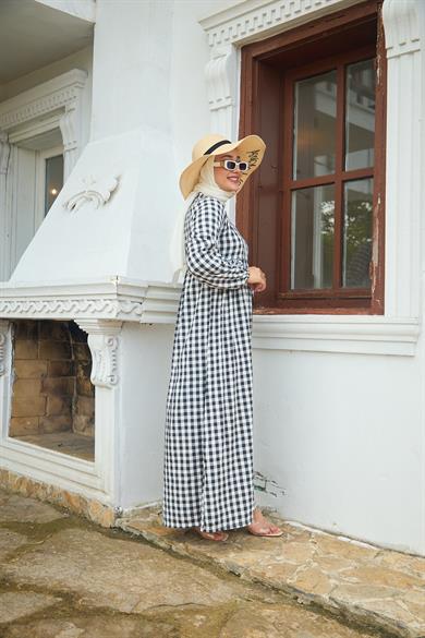 Shirt Collar Gingham Dress - Black