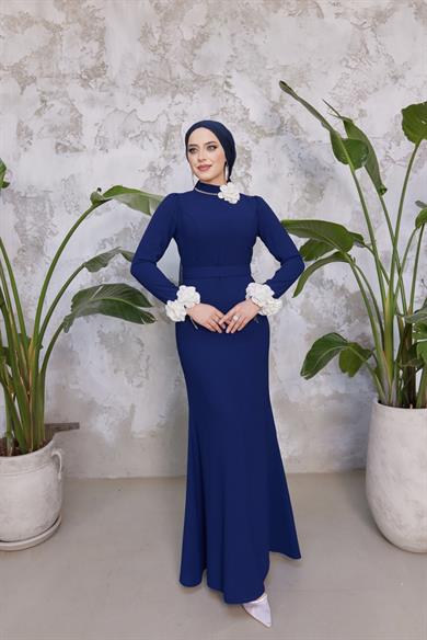 Gül Detay Krep Abiye - Lacivert