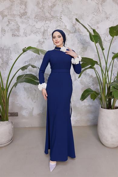 Gül Detay Krep Abiye - Lacivert
