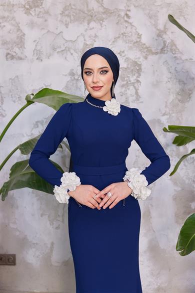 Gül Detay Krep Abiye - Lacivert