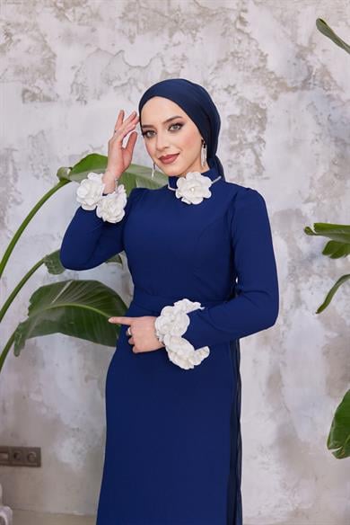 Gül Detay Krep Abiye - Lacivert
