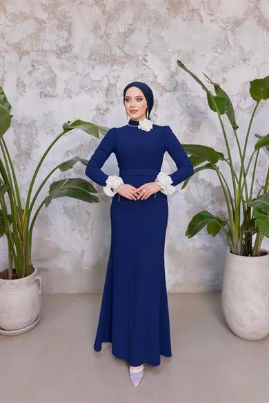 Gül Detay Krep Abiye - Lacivert
