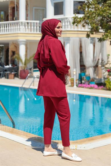 Gül Detay Krep Takım - Bordo