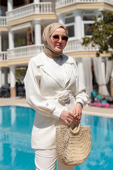 Gül Detay Krep Takım - Ekru