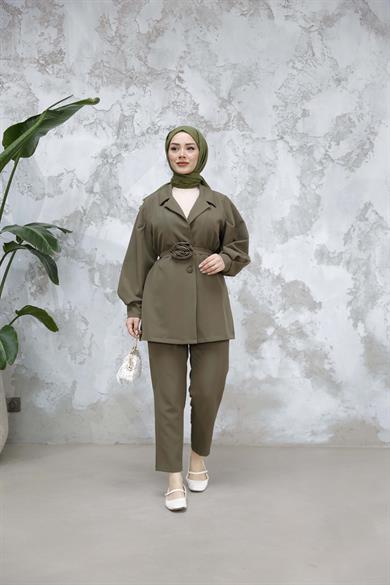 Gül Detay Krep Takım - Haki