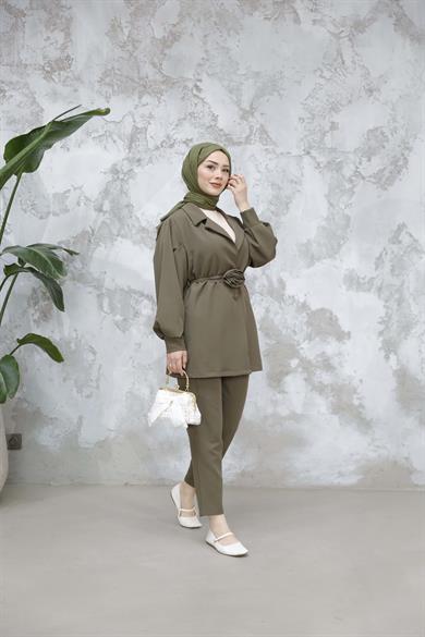 Gül Detay Krep Takım - Haki