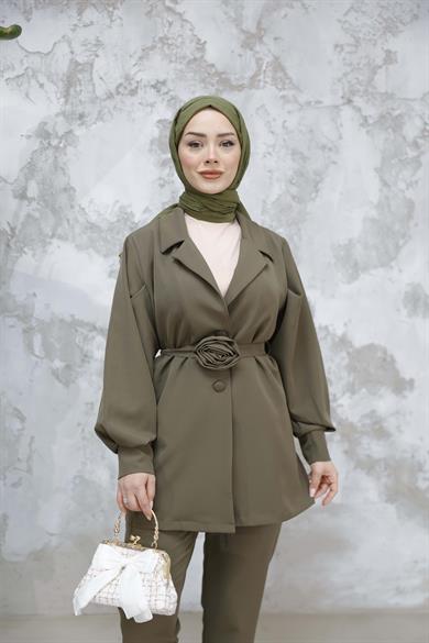 Gül Detay Krep Takım - Haki