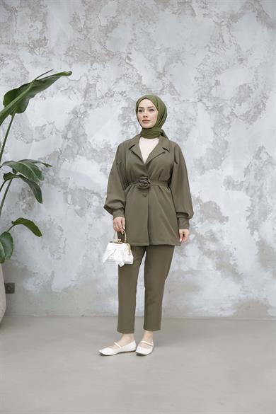 Gül Detay Krep Takım - Haki