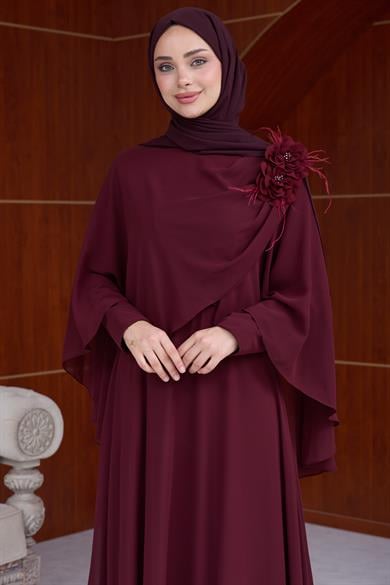 Gül Detay Şifon Abiye - Bordo