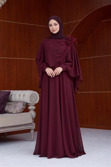 Gül Detay Şifon Abiye - Bordo