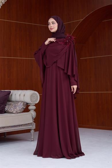 Gül Detay Şifon Abiye - Bordo