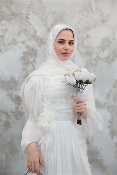 Gül Detaylı Işıltı Abiye - Beyaz