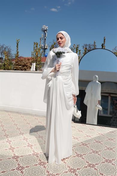 Gül Detaylı Işıltı Abiye - Beyaz