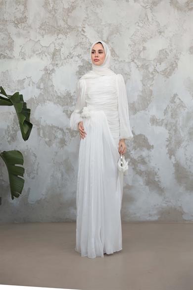 Gül Detaylı Işıltı Abiye - Beyaz