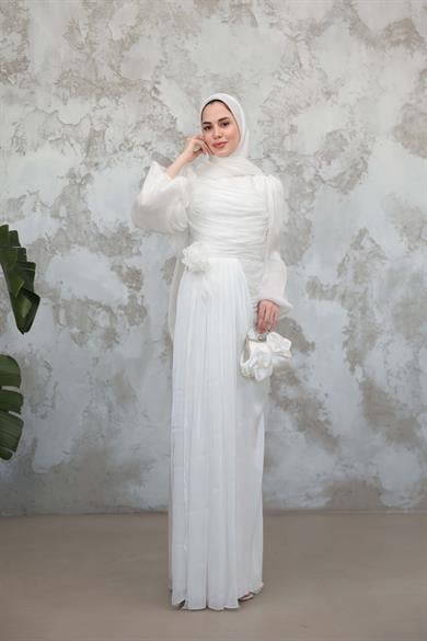 Gül Detaylı Işıltı Abiye - Beyaz