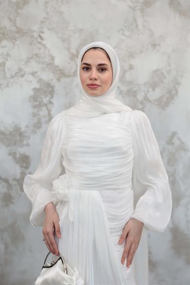 Gül Detaylı Işıltı Abiye - Beyaz