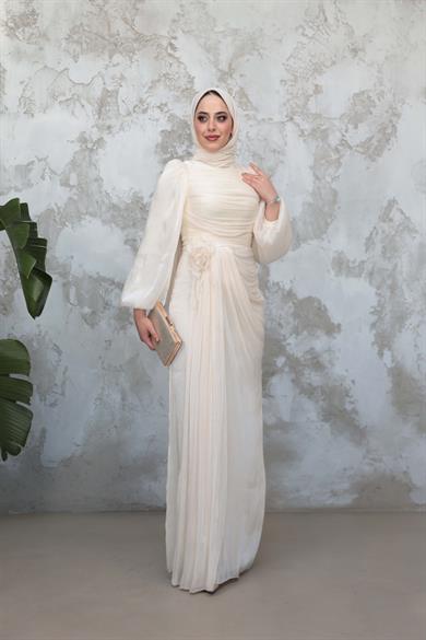 Gül Detaylı Işıltı Abiye - Ekru