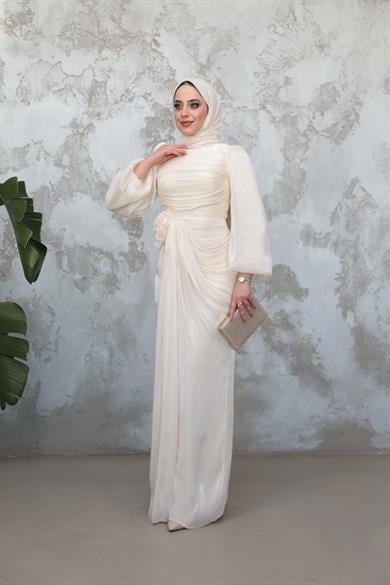 Gül Detaylı Işıltı Abiye - Ekru