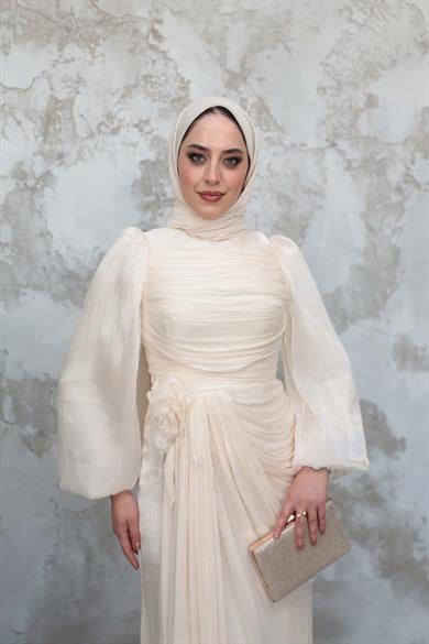 Gül Detaylı Işıltı Abiye - Ekru