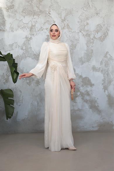Gül Detaylı Işıltı Abiye - Ekru