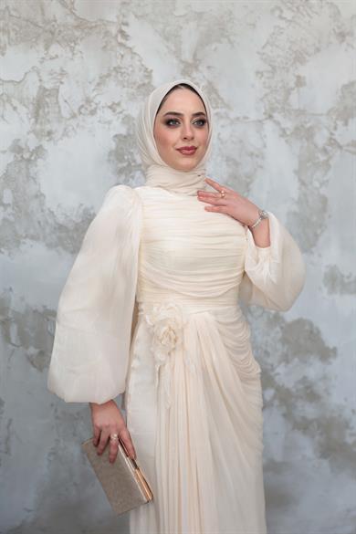 Gül Detaylı Işıltı Abiye - Ekru