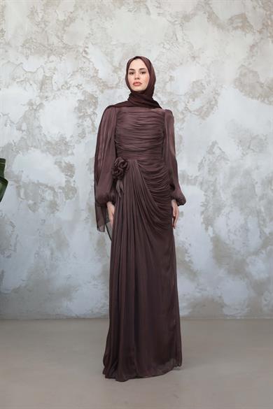 Gül Detaylı Işıltı Abiye - Kahverengi