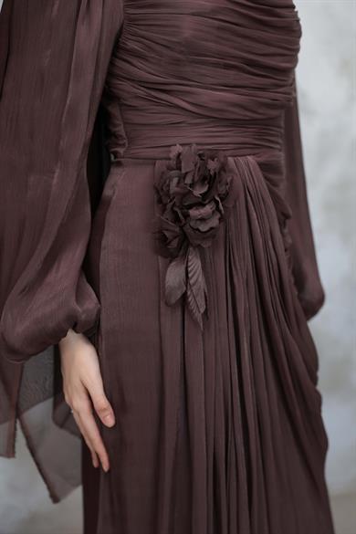 Gül Detaylı Işıltı Abiye - Kahverengi