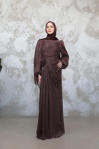 Gül Detaylı Işıltı Abiye - Kahverengi