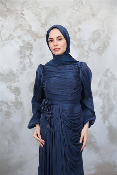 Gül Detaylı Işıltı Abiye - Lacivert