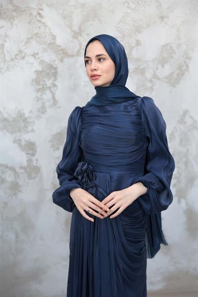 Gül Detaylı Işıltı Abiye - Lacivert