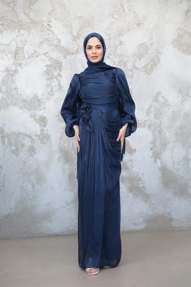 Gül Detaylı Işıltı Abiye - Lacivert