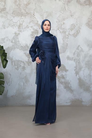 Gül Detaylı Işıltı Abiye - Lacivert
