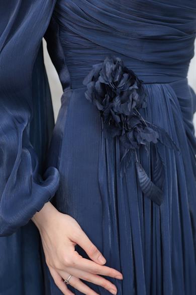 Gül Detaylı Işıltı Abiye - Lacivert