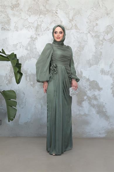 Gül Detaylı Işıltı Abiye - Mint Yeşil